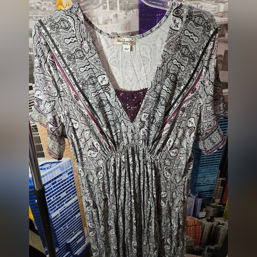 WORLD UNITY-Empire waist,flowy,  short- sleeved Paisley dress